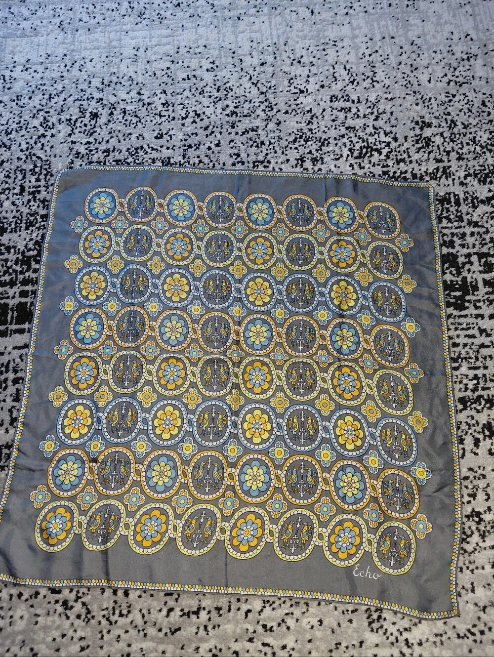 Vintage Echo 100% Silk Scarf Gray Blue Yellow Floral Bird Medallion Retro CC